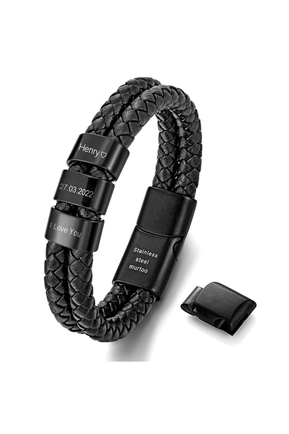 Personalized Bracelet for Men, Custom Engraved Leather Wristband with Adjustable Stainless Steel Clasp, Name Date Family Jewelry Gift