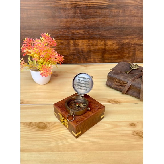 Personalized Brass Compass, Engraved Wooden Box, Gift for Him