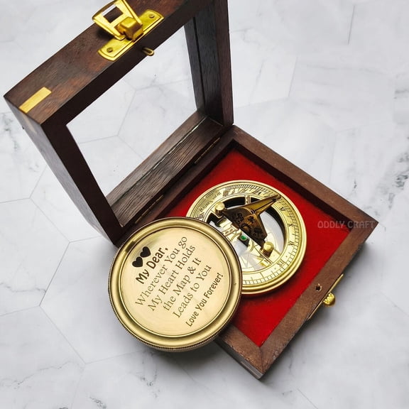 Personalized Brass Sundial Compass with Transparent Box - Custom Engraved Working Nautical Navigation Tool - Handcrafted Vintage Antique Maritime Gift for Men, Retirement & Anniversary