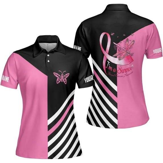 Personalized Breast Cancer 3D Polo Shirt, Pink Ribbon Awareness Polo, Survivor Pride Shirt Breast Cancer Tshirt (L)