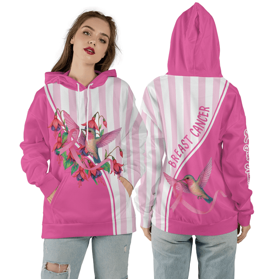 Personalized Breast Cancer Awareness 3D Hoodie, Pink Ribbon Custom 3D Hooded Sweatshirt, Floral Hummingbird All Over Print Hoodie