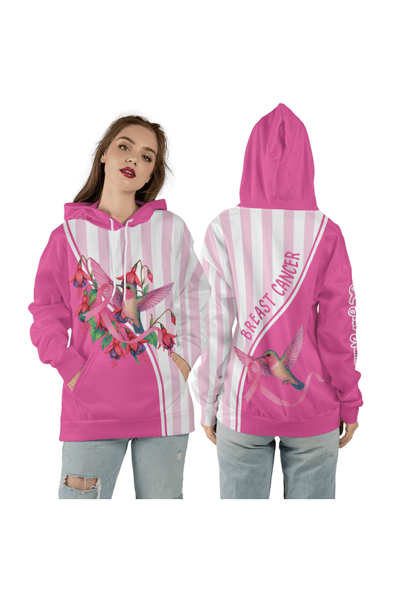 Personalized Breast Cancer Awareness 3D Hoodie, Pink Ribbon Custom 3D Hooded Sweatshirt, Floral Hummingbird All Over Print Hoodie