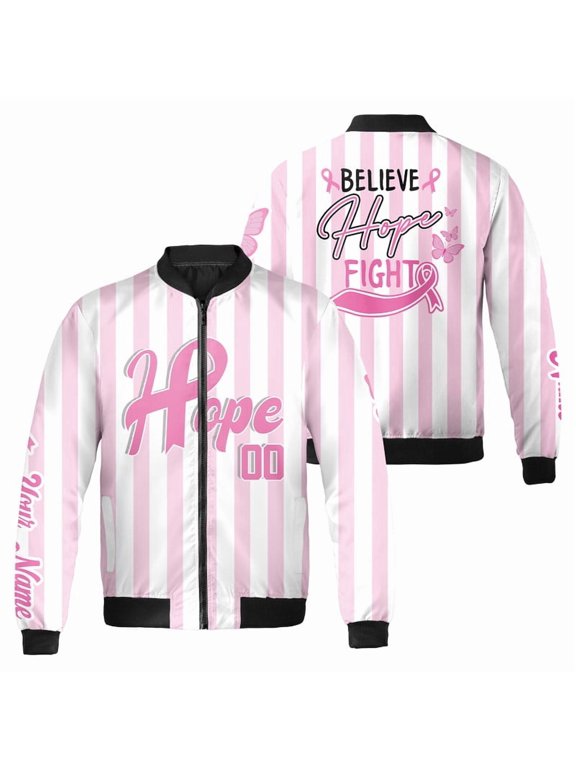 Personalized Breast Cancer Awareness Bomber Jacket – Believe Hope Fight Pink Ribbon Design – Custom Name October Support Outerwear for Women and Survivors