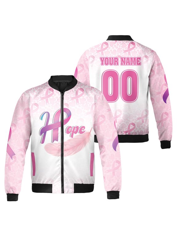 Personalized Breast Cancer Awareness Bomber Jacket – Custom Name “Hope” Pink Ribbon Support Coat – Inspirational Gift for Women