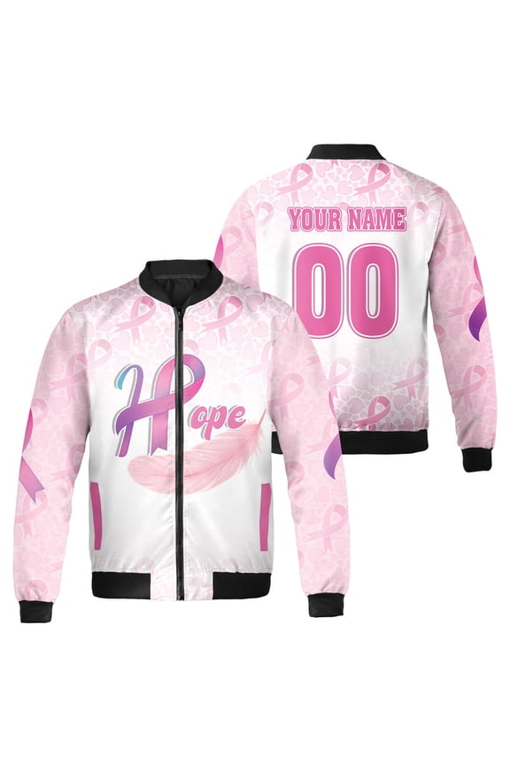 Personalized Breast Cancer Awareness Bomber Jacket – Custom Name “Hope” Pink Ribbon Support Coat – Inspirational Gift for Women