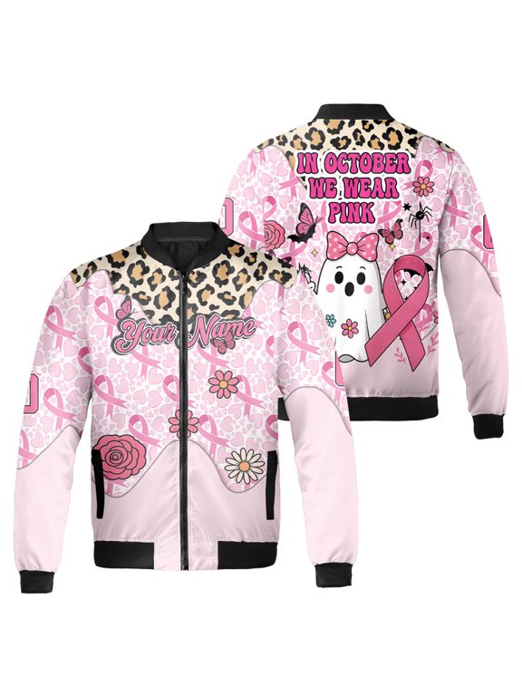 Personalized Breast Cancer Awareness Bomber Jacket – In October We Wear Pink Ghost Design – Custom Name Pink Ribbon Outerwear Jacket