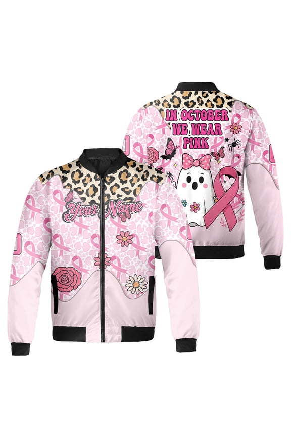 Personalized Breast Cancer Awareness Bomber Jacket – In October We Wear Pink Ghost Design – Custom Name Pink Ribbon Outerwear Jacket