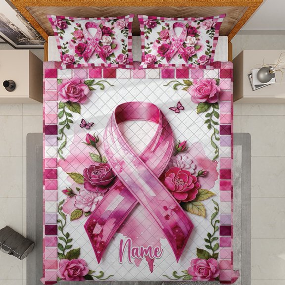 Personalized Breast Cancer Awareness Quilt Bedding Set, White Binding, 55x60