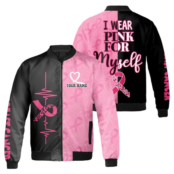 Personalized Breast Cancer Bomber Jacket – “I Wear Pink for Myself” Survivor Quote – Custom Name Pink Ribbon Awareness Coat