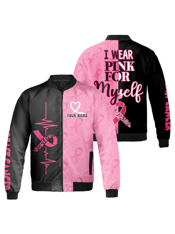 Personalized Breast Cancer Bomber Jacket – “I Wear Pink for Myself” Survivor Quote – Custom Name Pink Ribbon Awareness Coat