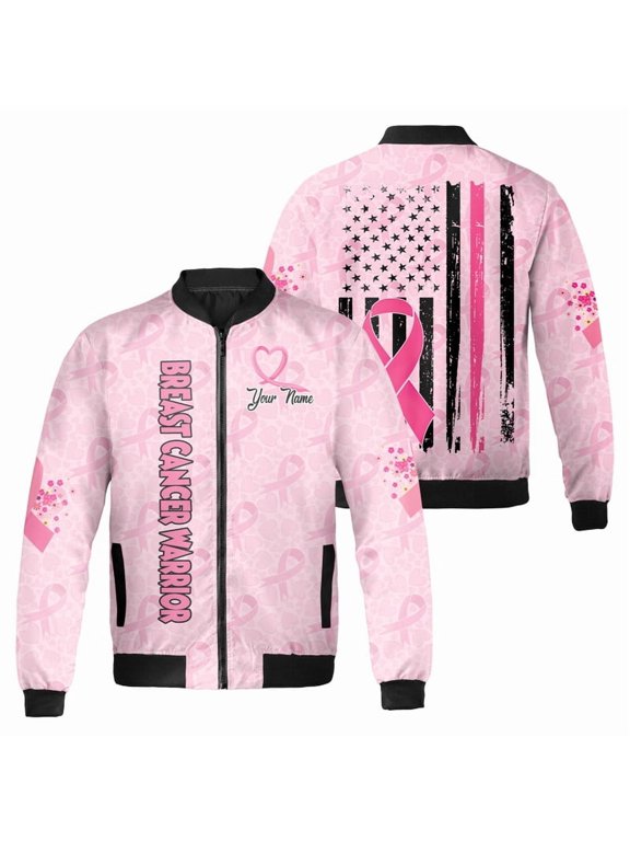 Personalized Breast Cancer Warrior Bomber Jacket - Pink Ribbon Support Coat - Custom Name Awareness Gift