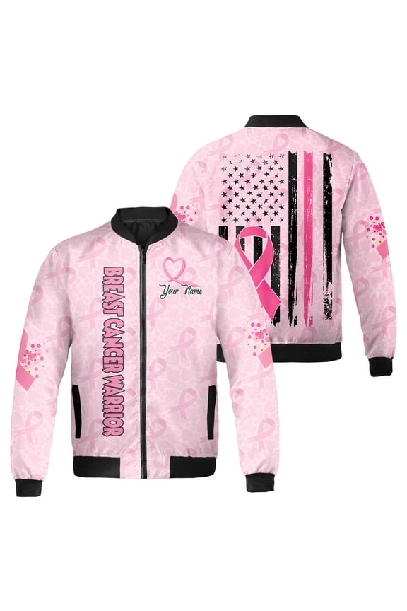 Personalized Breast Cancer Warrior Bomber Jacket - Pink Ribbon Support Coat - Custom Name Awareness Gift