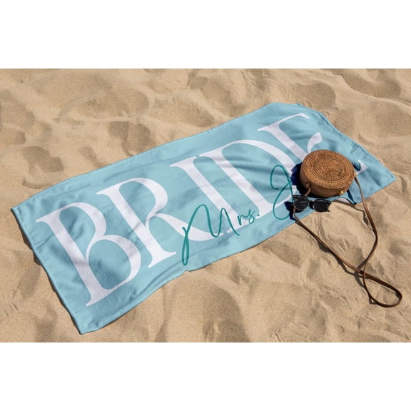 Personalized Bride Beach Towel with Custom Mrs Name, Bachelorette Honeymoon Bridal Shower Wedding Gift, 30x60 Pool Towel