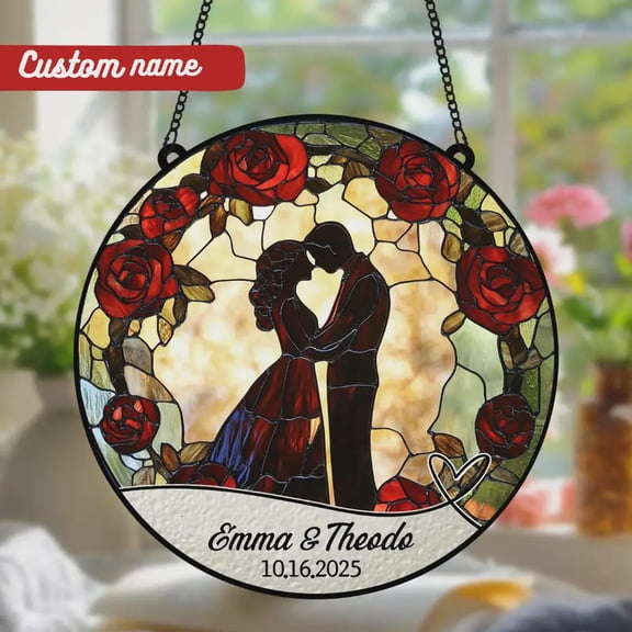 Personalized Bride and Groom Stained Glass Style Suncatcher for Windows, UV Printed Glass Hanging Ornament, Romantic Wedding Window Decor, Bridal Shower Gift for the Bride size 3.54in