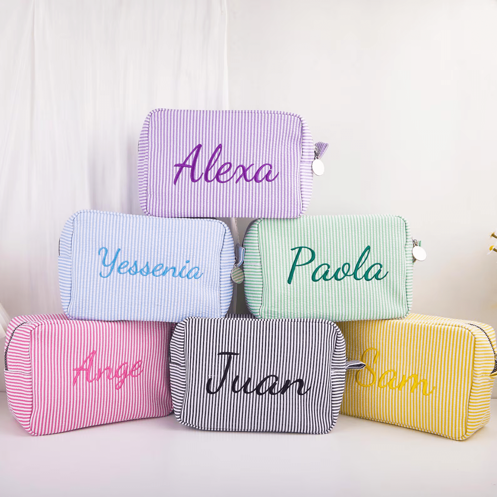 custom makeup bag travel case Personalized Name Seersucker Cosmetic Bag Beautiful Gift for Your Love Pink