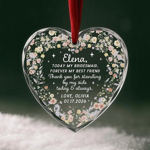 Personalized Bridesmaid Thank You Ornament, Floral Glass Keepsake, Wedding Party Favor, 3 Inch Hanging Decoration