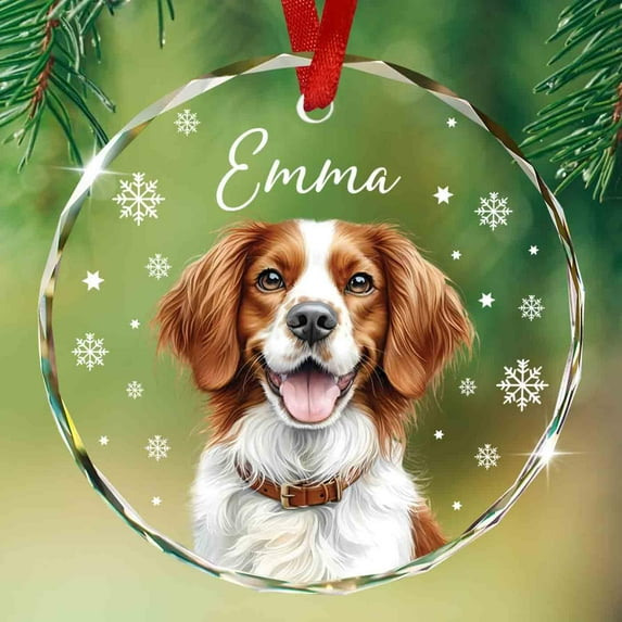 Personalized Brittany Spaniel Glass Ornament Gift for Dad Mom Men Women Dog Lovers, Brittany Spaniel Dog Face Ornaments Christmas 2025, Custom Dog's Name Xmas Ornament, Pet Puppy Ornaments