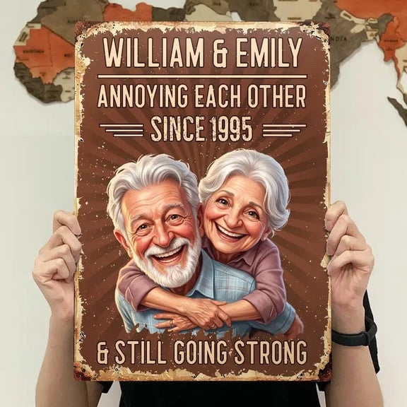 Personalized Brown Senior Couple Portrait Vertical Aluminum Metal Sign, Custom Names Date Year and Message, 8 x 12 Inch, Anniversary Gift for Couples Parents Grandparents, Customized Metal Sign