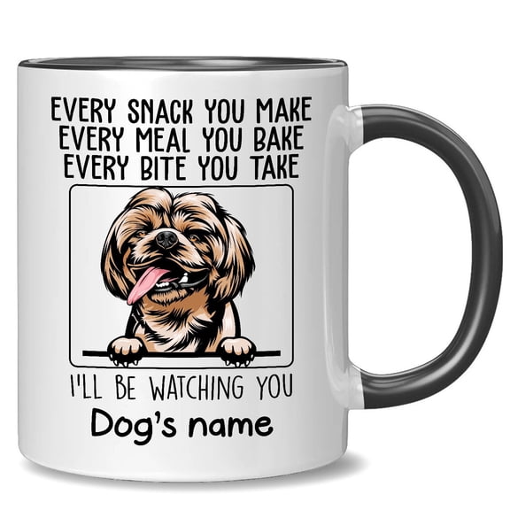 Personalized Brown Shih Tzu Accent Mug, Every Snack You Make I'll Be Watching You, Customized Dog Coffee Mugs for Mom Dad, Custom Dog's Name, Ideas Gifts for Mothers Day, Fathers Day