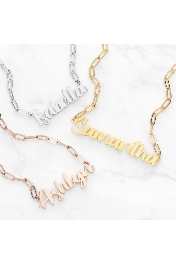 Personalized Brush Script Name Paper Clip Chain Necklace