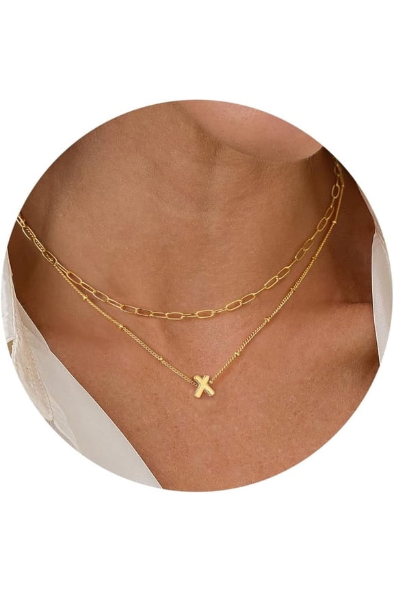 Personalized Bubble Letter Necklace - Layered Gold Initial Tiny Small Pendent Necklaces For Women, Dainty Gold Initial Choker Paperclip Chain Necklace Gold Jewelry For Women Gifts[o1501]