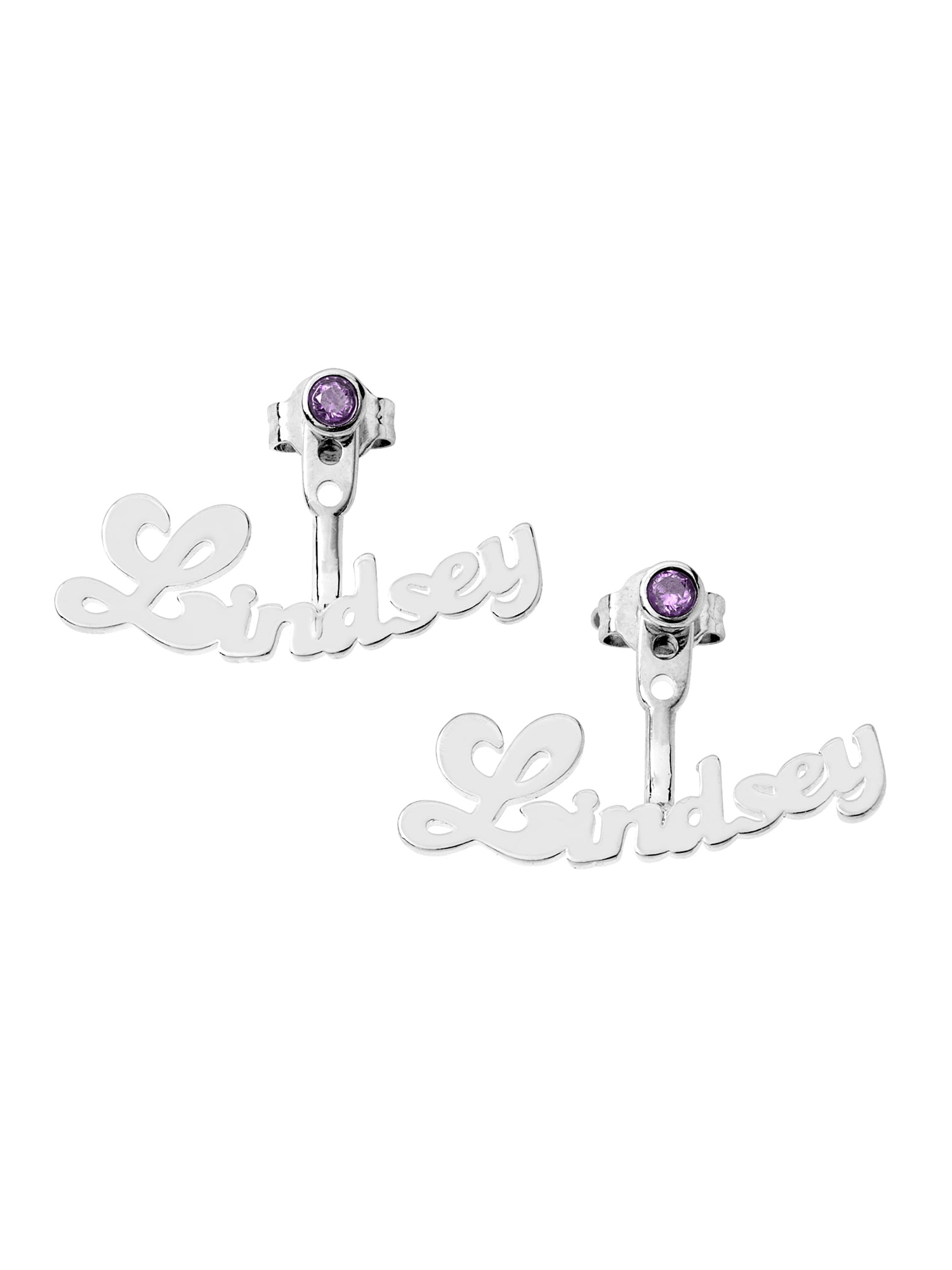 Personalized Bubble Script Name and Birthstone Front/ Back Earrings