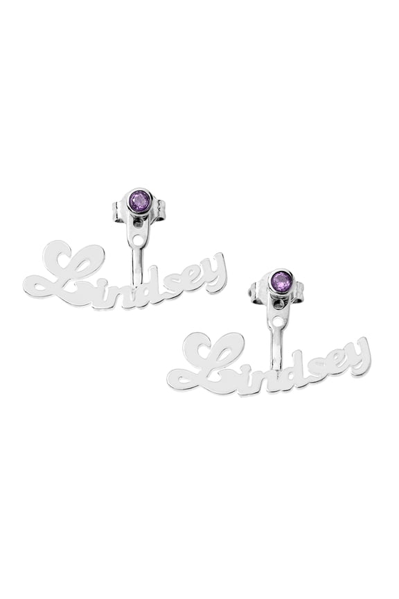 Personalized Bubble Script Name and Birthstone Front/ Back Earrings