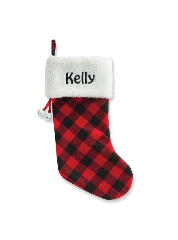Personalized Buffalo Plaid Christmas Stocking with Black or White Cuff