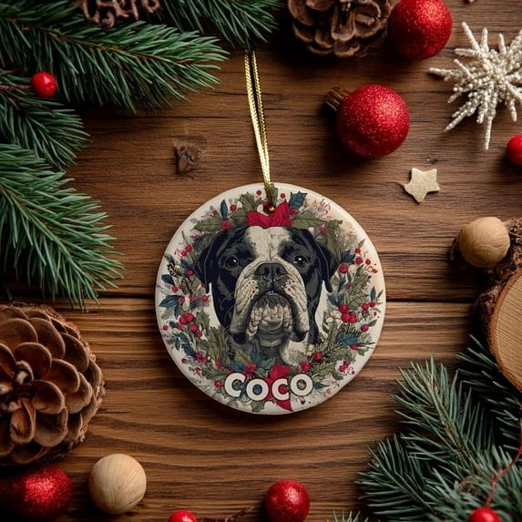 Personalized Bulldog Christmas Ornament: Watercolor Pet Portrait Keepsake