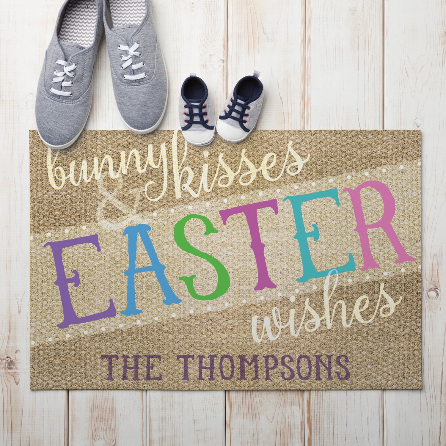 Personalized Bunny Kisses and Easter Wishes Indoor/Outdoor Doormat with Custom Name Printing