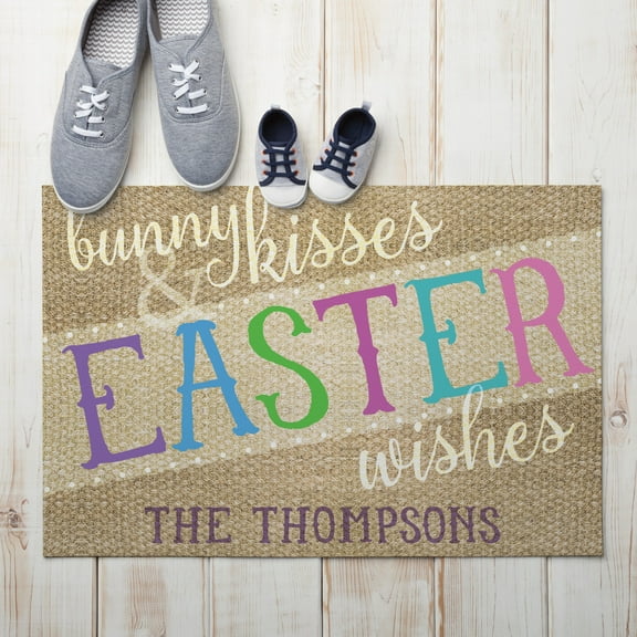 Personalized Bunny Kisses and Easter Wishes Indoor/Outdoor Doormat with Custom Name Printing