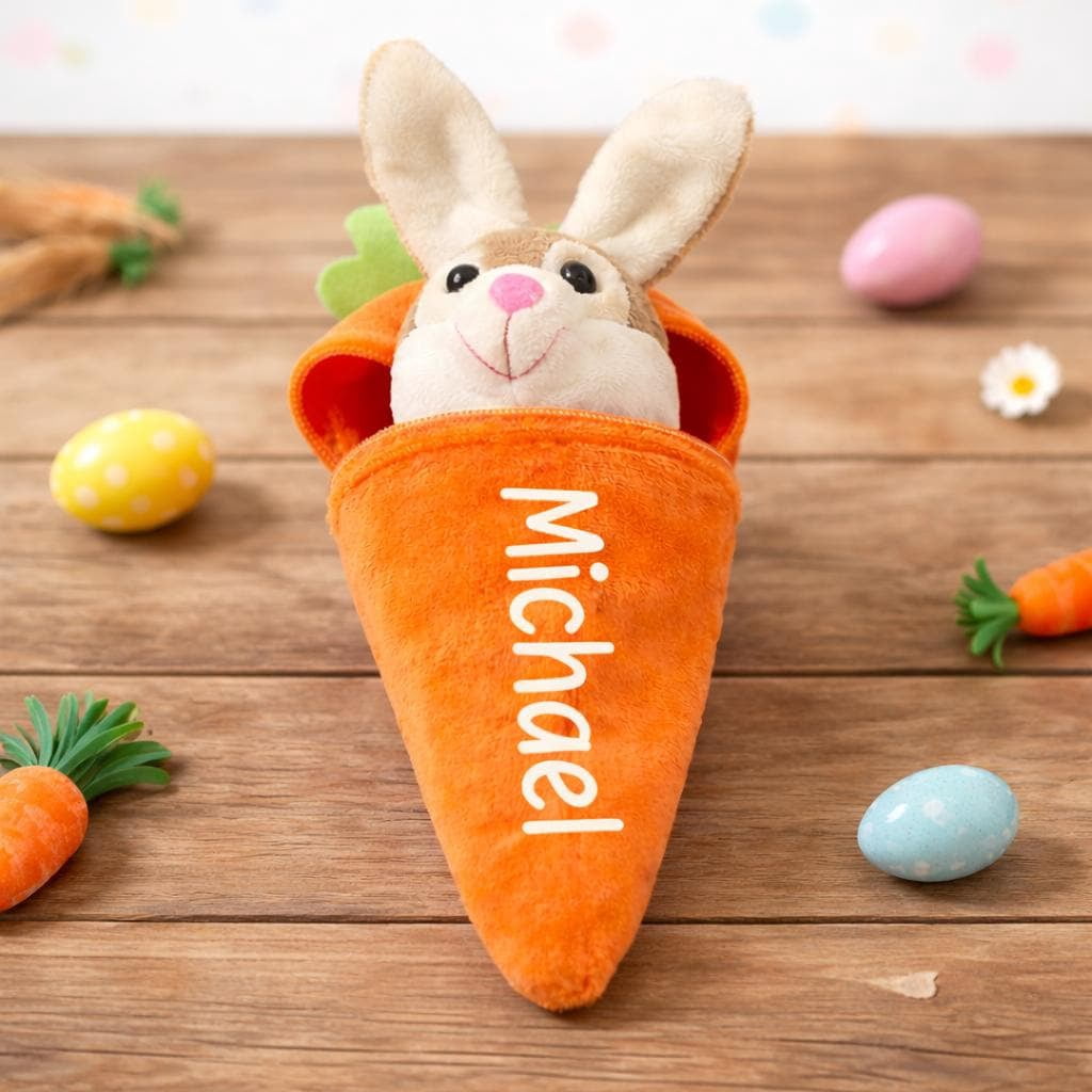 Personalized Bunny in Carrot - Customized Stuffed Rabbit Accessory - Unique Easter Gift Charm