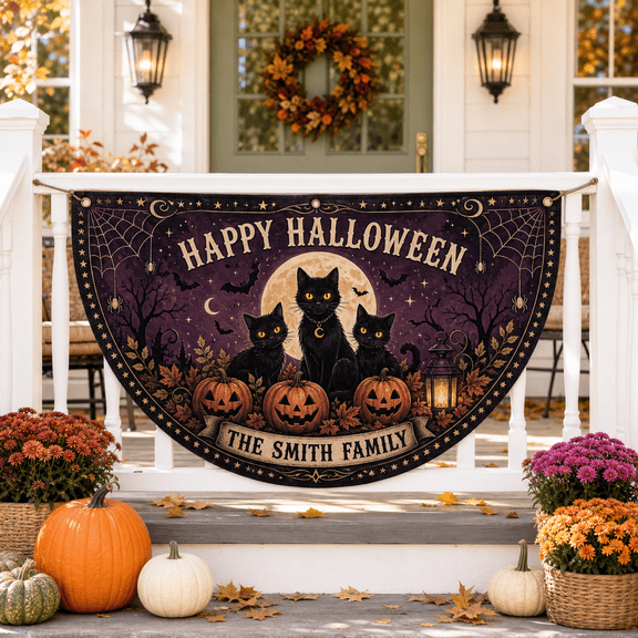 Personalized Bunting Semicircular Flag Black Cat Halloween Porch Banner for Fence Railing Family Name