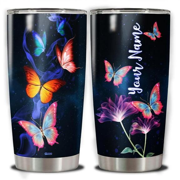 Personalized Butterfly Flower Tumbler Cup with Lid Navy Stainless Steel 20 30 oz Custom Name Insulated Wall Vacuum Travel Coffee Mug Gift Birthday Chritsmas Holiday For Women Girls