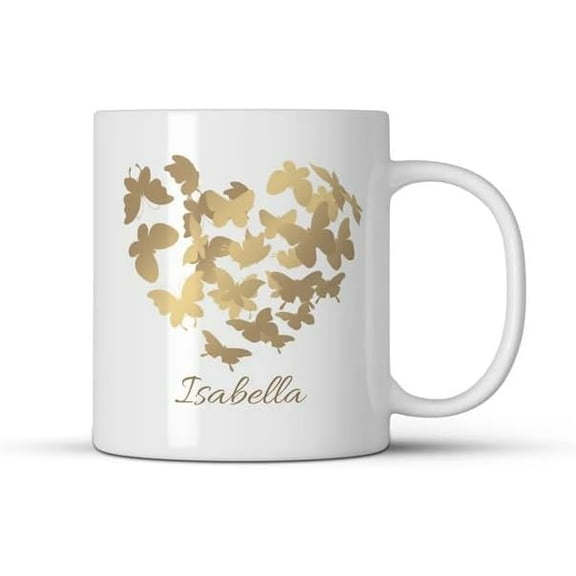 Personalized Butterfly Heart Coffee Mug, White Ceramic with Gold Design, Custom Name, Gift For Friends, Family Members, Birthday Mug, 11oz