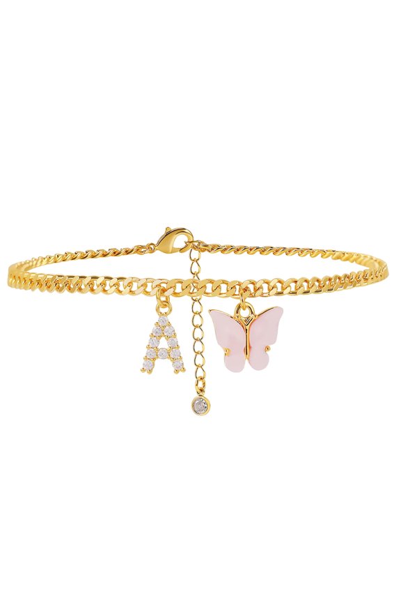 Personalized Butterfly Initial Anklet Adjustable Gold Plated Foot Chain Jewelry for Women