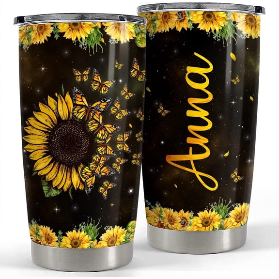 Personalized Butterfly Tumbler Sunflower Custom Name 20oz Tumblers with Lid Gift for Women Girl Best Friends Mom Mother Christmas Birthday
