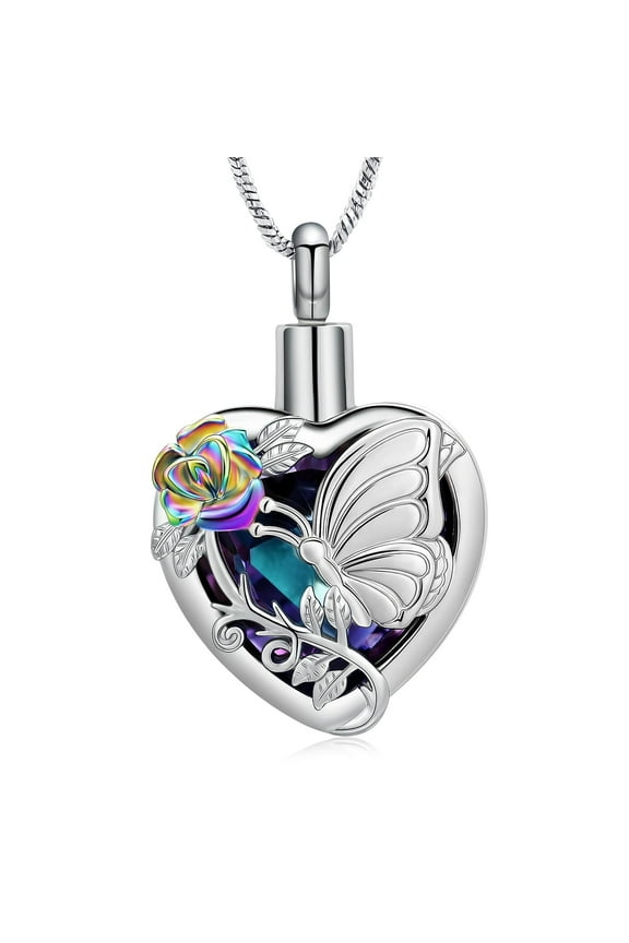 Personalized Butterfly Urn Necklace for Ashes With Birthstone Heart Cremation Jewelry with Funnel Filler Keepsake Memory Jewelry for Women