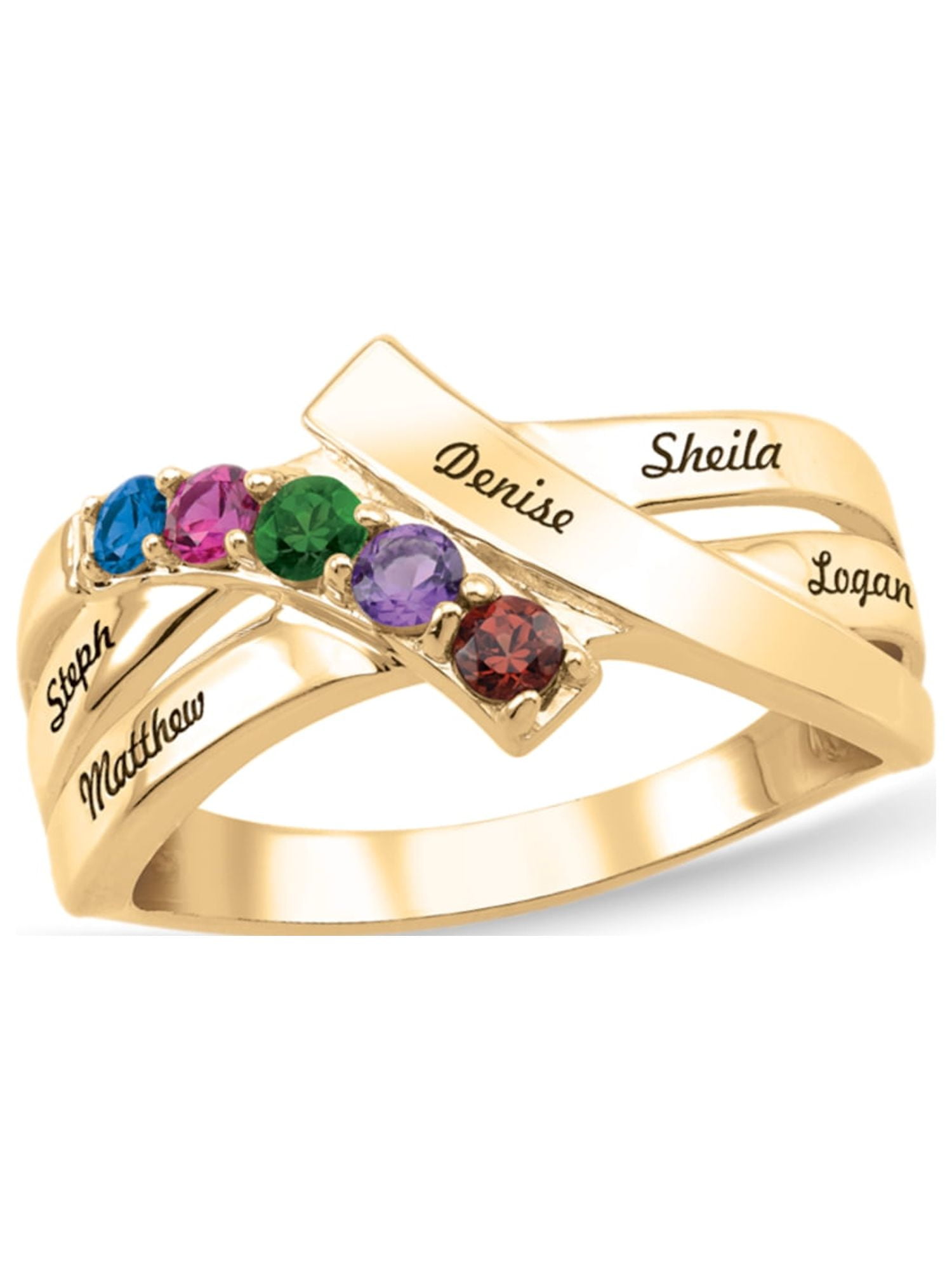 Personalized Bypass Engravable Birthstone Family Ring in 10K Gold by Jewlster
