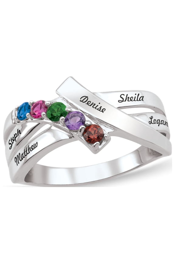 Personalized Bypass Engravable Birthstone Family Ring in Sterling Silver by Jewlster