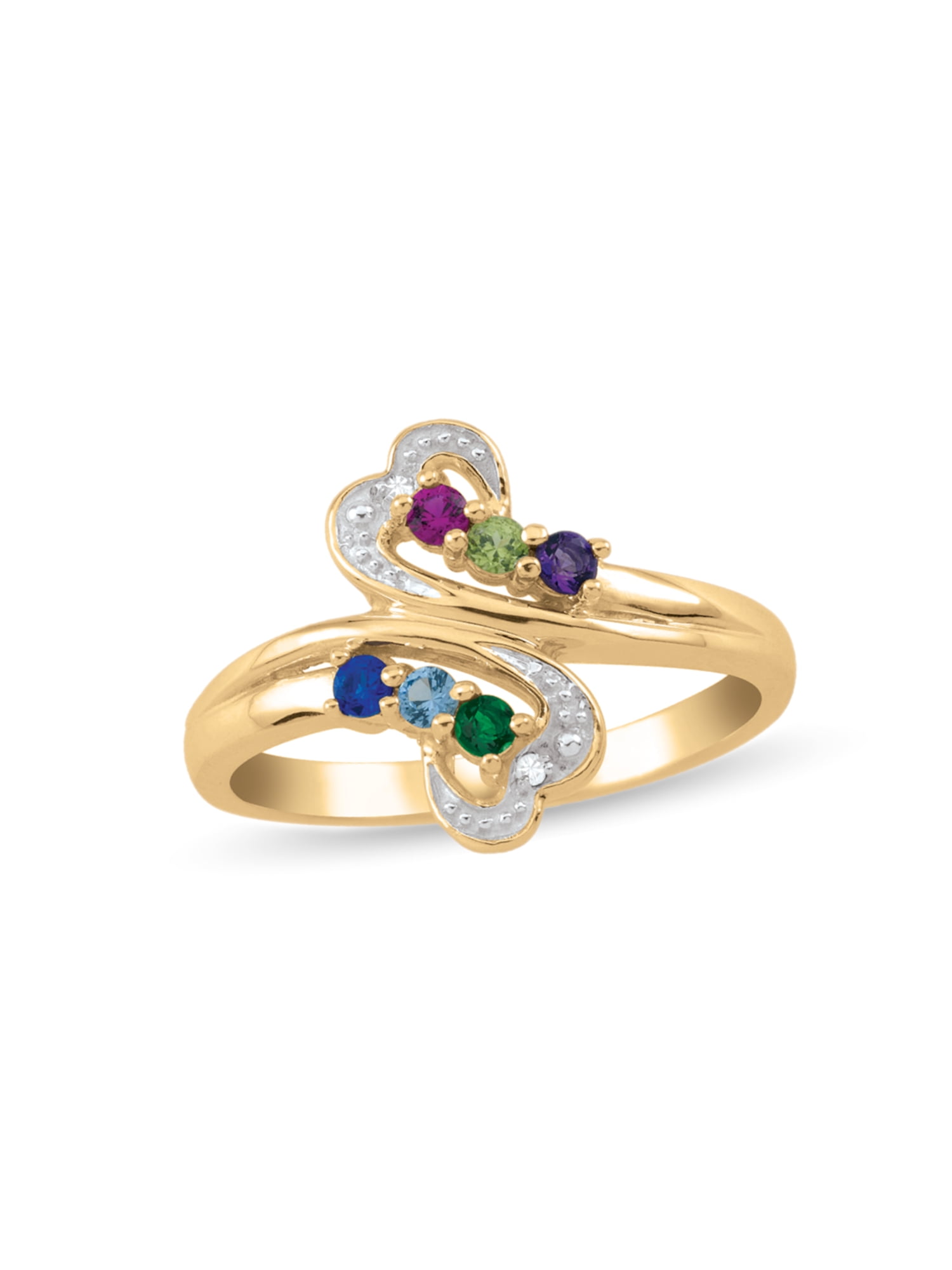 Personalized Bypass Heart Design Birthstone Family Ring in 10K Gold with Diamond Accents by Jewlster