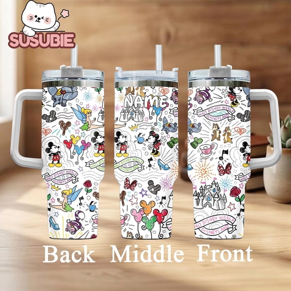 Personalized CARTOON Doodle Tumbler 40oz With Handle, Custom Name Mickey Theme Travel Mug Gift