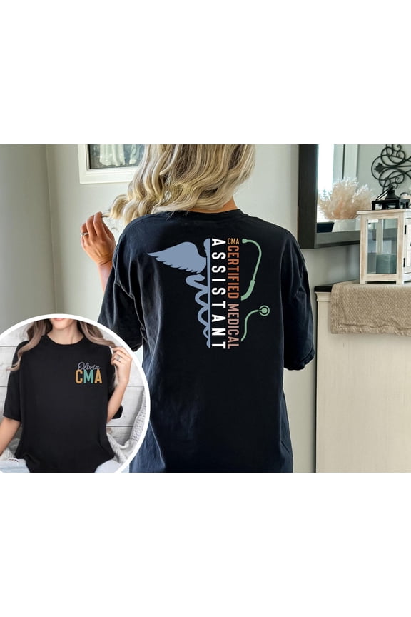 Personalized CMA T-Shirt for Certified Medical Assistant - Stethoscope & Wing Design, Custom Name 'Olivia'