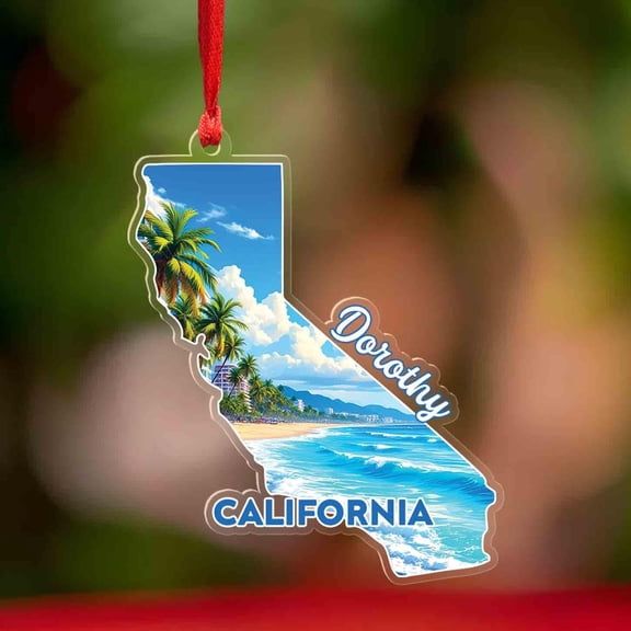 Personalized California Beach Christmas Ornament 2025, Custom California State Map Acrylic Ornament, West Coast Travel Souvenir Ornaments, Christmas Tree Decor for Home, USA State Pride