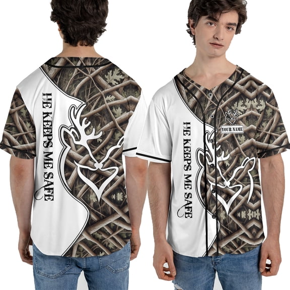 Personalized Camo Deer Antler Hunting Season Baseball Jersey – He Keeps Me Safe Baseball Shirt - Custom Name Couple Matching Jersey