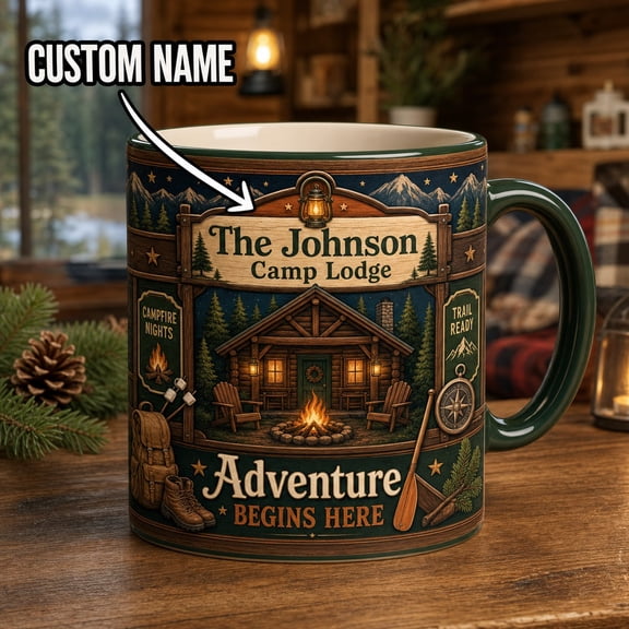 Personalized Campfire Lodge Ceramic Mug, Custom Storefront Full-Wrap for Coffee and Camping Lovers