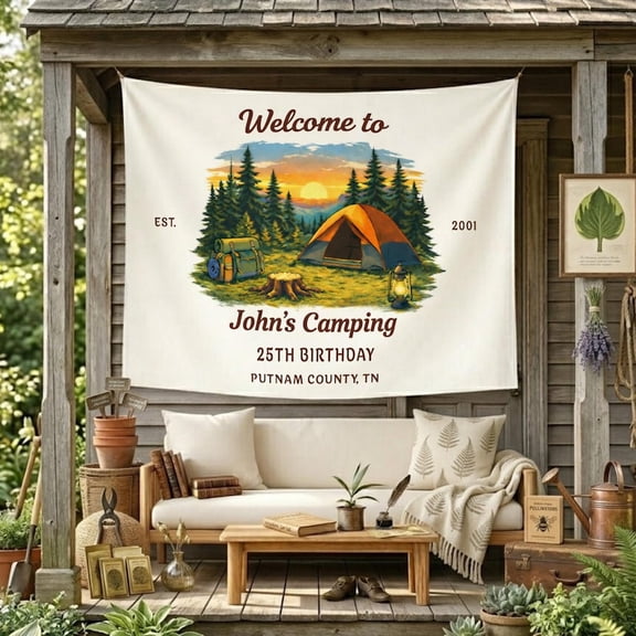 Personalized Camping Birthday Linen-Style Fabric Tapestry, Custom Name Rustic Camp Party Banner for Outdoor Celebration and Photo Backdrop