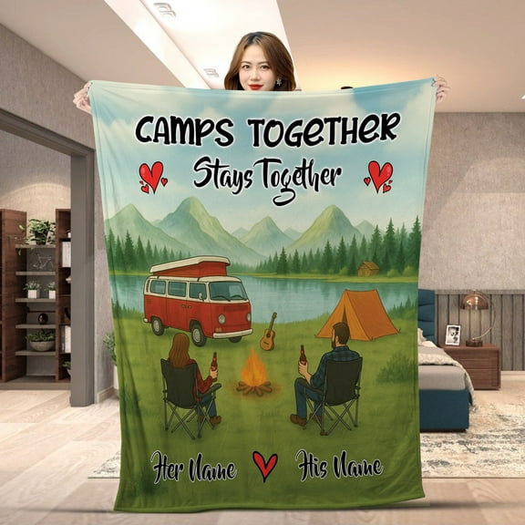 Personalized Camping Couple Blanket, Custom Camps Together Stays Together Throw, Custom Couple Name Campers Gift Blanket