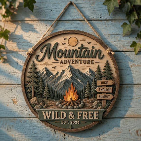 Personalized Camping Family Name Sign Mountain Adventure Wooden Door Hanging for Cabin Families