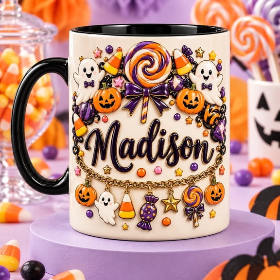 Personalized Candy Corn Pumpkin Ghost Lollipop Ceramic Coffee Mug Gift